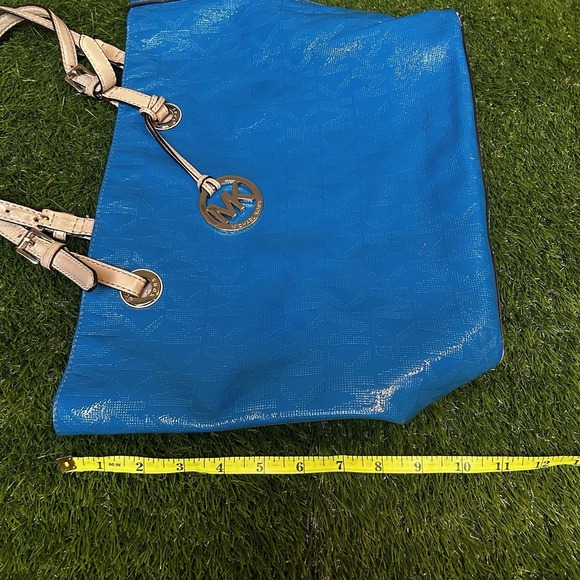 Michael Kors Blue Patent Leather Monogram Tote Bag MK Logo Gold Hardware Large - Picture 4 of 9